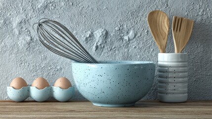 Blue Ceramic Bowl With Eggs And Wooden Utensils On Rustic Countertop