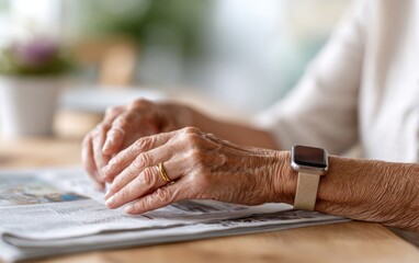 Elderly person wearing a smartwatch while reading a newspaper in a cozy indoor setting
