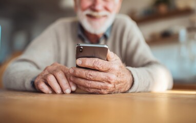 Elderly man holding a smartphone while sitting at a kitchen table in a warm and inviting home setting