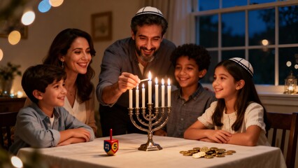 Warm Hanukkah Celebration Scene with Parents and Children