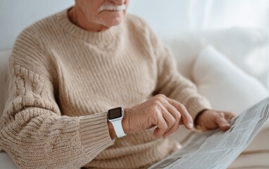 Older man enjoying a quiet moment reading the newspaper while cheking his smartwatch in a cozy sweater in a light-filled room