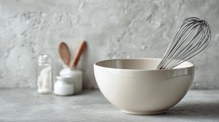 Ceramic Mixing Bowl With Metal Whisk On Light Kitchen Countertop