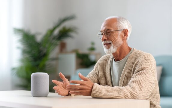 Senior man interacts with smart speaker using voice commands in cozy living room setting