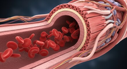 Cross Section Of A Human Artery Showing Red Blood Cells Flowing Through The Vein