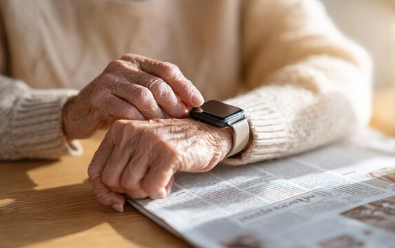 Elderly hands adjusting a smartwatch while reading a newspaper indoors in soft morning light