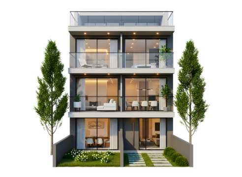 Modern four story townhouse building with large windows isolated on transparent background