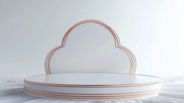Minimalist Product Display Scene: Cloud-Shaped Ornament with Gold Accents and Circular White Pedestal, Set Against a Soft Gray Background with Fluffy Clouds