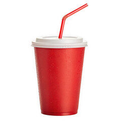 Red disposable cup with straw and lid isolated on transparent background
