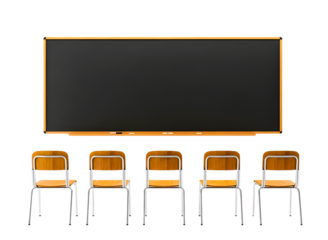 Empty classroom chairs in front of a blackboard isolated on transparent background