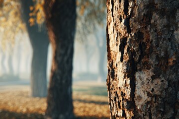 Fototapeta premium Close-up of tree bark in autumn park with soft lighting and blurred background