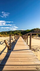 Fototapeta premium Wooden Beach Walkway Leading to Lush Greenery under a Sunny Sky