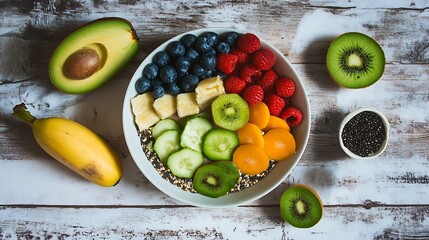 Overhead shot of a vibrant and healthy smoothie bowl with fresh fruits, avocado, banana, kiwi, chia seeds on a rustic wooden table