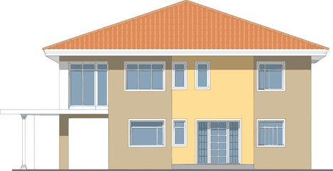 Residential house elevation, front view, vector illustration, CAD drawing, flat style, gable roof, carport, windows, balcony, entrance