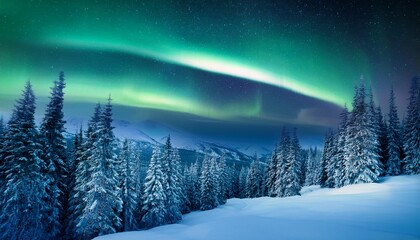 Aurora Borealis Over The Frosty Forest Green Northern Lights Above Mountains Night Nature Landscape With Polar Lights Night Winter Landscape With Aurora Creative Image Winter Holiday Concept