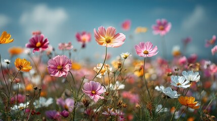 Vibrant Wildflowers in a Sunny Meadow With Pink, Purple, and Yellow