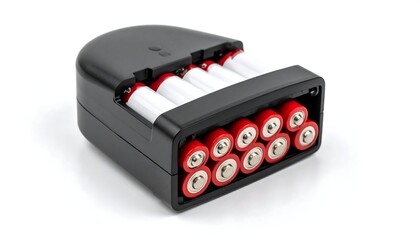 Black battery case with inserted cylindrical AA batteries, white background