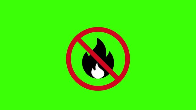 a flat-style vector icon of a black flame silhouette inside a red prohibition circle and slash, no background, using only black and red colors.