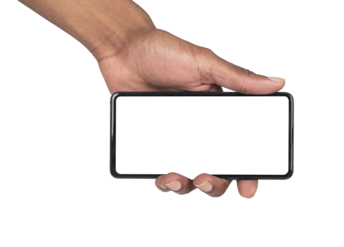 Smartphone held horizontally in hand for video or game display. Black skin male showing digital - Powered by Adobe