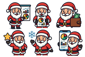 Santa Claus analyzing business charts in fun holiday scenes. Set of 6 vector illustration