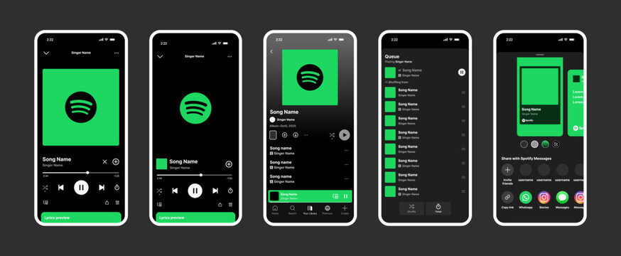 Spotify full music player UI mockup with playlists, albums, podcasts, queue, playback controls, lyrics, search, recommendations, liked songs, and interactive mobile interface for latest updated.
