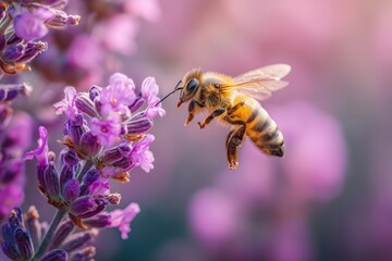 Fototapeta premium Honeybee collecting nectar from lavender flowers in a vibrant garden setting