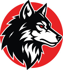 The design combines a black and white wolf against a vibrant red background, symbolizing strength and loyalty, making it perfect for branding, sports teams, or wildlife-themed projects.