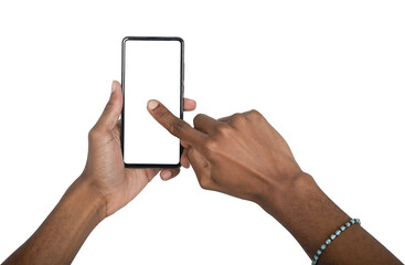 Smartphone held vertically in hand with finger tapping screen center. Black skin male using digital