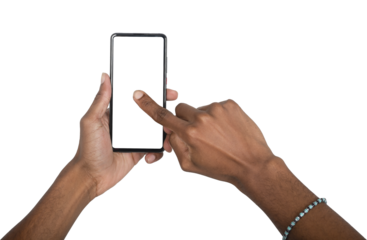 Smartphone held vertically in hand with finger tapping screen center. Black skin male using digital