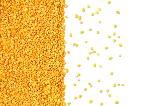 camera images of split dal, organic split pulse moong dal beans for Indian or Gujarati stew food recipe, top view, food texture background, cutout in transparent background, png format