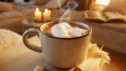 Warm Winter Drink Scene with Candles, Blanket, and Open Book