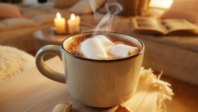 Warm Winter Drink Scene with Candles, Blanket, and Open Book