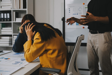 Asian women are stressed while working on laptop, Tired asian businesswoman with headache at office, feeling sick at work, copy space