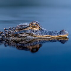 Fototapeta premium depiction of a submerged reptile's head, showing eye detail and textured skin, within tranquil, smooth, blue waters, reflecting a clear image of its form and creating a symmetrical and peaceful...