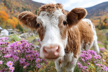 Close-up Cute Brown White Calf Standing Purple Aster Flowers Autumn Mountain Landscape