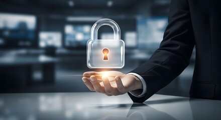 Secure data protection concept with glowing padlock held in a professional&rsquo;s hand.