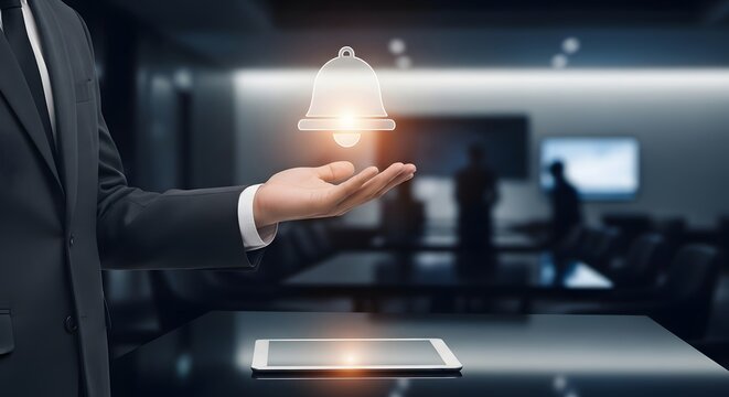 Business professional presenting a glowing notification icon, modern office background, communication and technology concept.