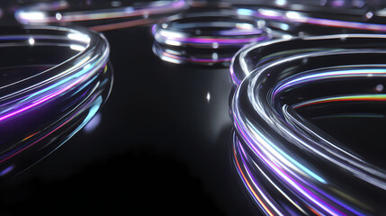 Abstract futuristic rings with neon lights and a dark surface, showcasing technology and innovation. 