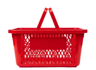 Red plastic shopping basket with handle isolated on transparent background