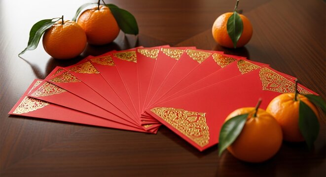 Red envelopes with gold trim and tangerines, symbolizing good luck and prosperity for chinese new year