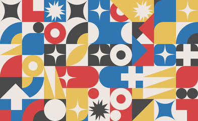 Obraz premium Geometric seamless pattern in Swiss style. Bright abstract background. Vector illustration.