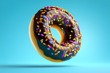 Delicious chocolate frosted donut with colorful sprinkles floating against a bright blue background, showcasing its tempting appearance and inviting texture for dessert lovers