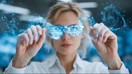 Woman in futuristic glasses interacting with a virtual interface - Powered by Adobe