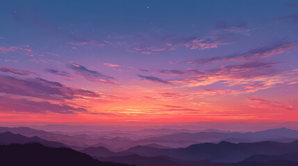 Obraz premium A breathtaking sunset over a mountain range, with vibrant colors painting the sky. The scene is peaceful and serene.
