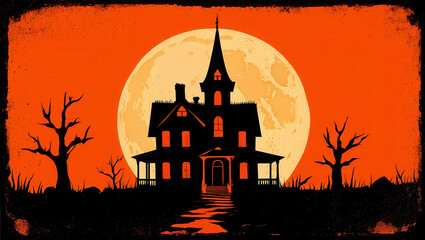 Dark Haunted Building Against Glowing Moon in Dramatic Composition