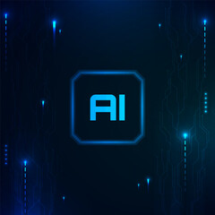Futuristic artificial intelligence background with glowing blue digital circuit lines and AI symbol representing data innovation, machine learning, and cyber technology systems.