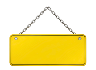Blank yellow rectangular sign hanging from a metal chain isolated on transparent background