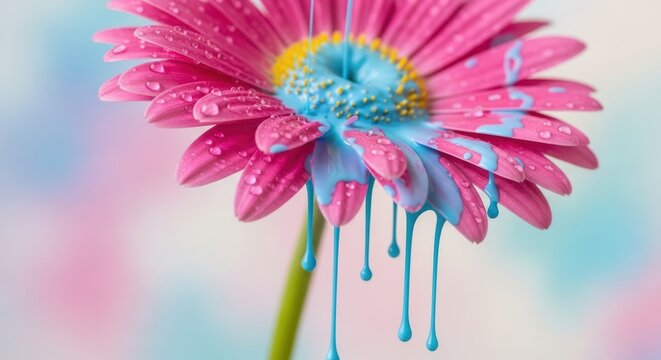 Pink Gerbera Daisy Flower with Blue Paint Drips and Water Droplets Macro Studio Shot