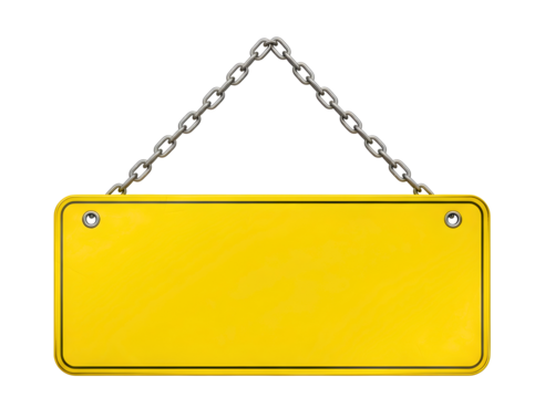 Blank yellow rectangular sign hanging from a metal chain isolated on transparent background