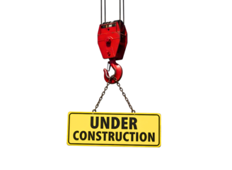 Yellow under construction sign hanging from crane hook isolated on transparent background