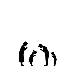 Silhouette of a Japanese family bowing respectfully.